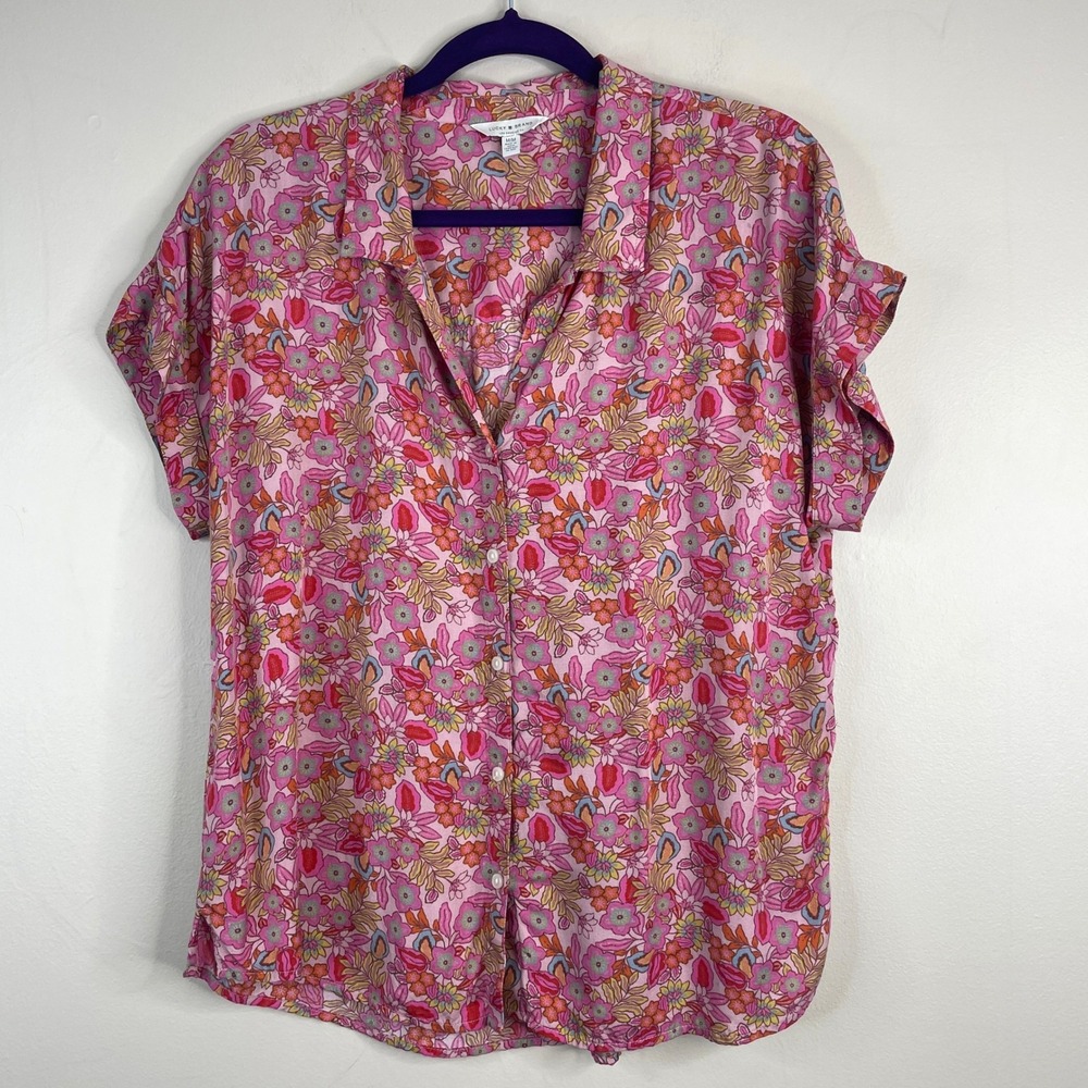Lucky Brand Boho Floral Top Women Medium Pink Modal Colorful Short Sleeve Button